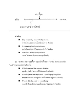 (ตัวอย่ าง)






They were eating dinner at half past seven.
เขากาลังทานอาหารเย็นเมื่อเวลา 19.30 น. (ในอดีต)
It was raining heavily that afternoon.
ฝนกาลังตกอย่างหนักในตอนบ่ายวันนั้น (ในอดีต)
At 8 o'clock, he was having breakfast.
เวลา 8 โมง เขากาลังทานอาหารอยู่ (ในอดีต)

(2) ใช้แสดงถึงการกระทาทั้งสองอย่ างทีเ่ กิดขึนในเวลาเดียวกัน โดยปกติมกมีคาว่า
้
ั
่
"while" ประกอบอยูในประโยคด้วย
 While he was working, we were sleeping.
ขณะที่เขากาลังทางาน เราก็กาลังนอนหลับ (ในอดีต)
 While they were playing football, I was studying in my room.
่
ขณะที่พวกเขากาลังเล่นฟุตบอล ผมก็กาลังเรี ยนอยูในห้อง (ในอดีต)
 Was she listening while we were talking?
่
เธอกาลังฟังอยูหรื อเปล่าขณะที่พวกเรากาลังพูดคุยกัน (ในอดีต)

 