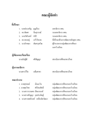 คณะผู้จัดทา
ที่ปรึกษา
1.
2.
3.
4.
5.

นายประเสริ ฐ
ดร.ชัยยศ
นายวัชริ นทร์
ดร.ทองอยู่
นางรักขณา

บุญเรื อง
อิ่มสุวรรณ์
จาปี
แก้วไทรฮะ
ตัณฑวุฑโฒ

เลขาธิการ กศน.
รองเลขาธิการ กศน.
รองเลขาธิการ กศน.
ที่ปรึ กษาด้านการพัฒนาหลักสูตร กศน.
ผูอานวยการกลุ่มพัฒนาการศึกษา
้
นอกโรงเรี ยน

ศรี ธญญา
ั

สถาบันการศึกษาทางไกล

แย้มสาขา

สถาบันการศึกษาทางไกล

ผู้เขียนและเรียบเรียง
นางนันฐิณี

ผู้บรรณาธิการ
นางสาววิไล

คณะทางาน
1.
2.
2.
3.
4.

นายสุรพงษ์
มันมะโน
่
นายศุภโชค
ศรี รัตนศิลป์
นางสาววรรณพร ปัทมานนท์
นางสาวศริ ญญา กุลประดิษฐ์
นางสาวเพชริ นทร์ เหลืองจิตวัฒนา

กลุ่มพัฒนาการศึกษานอกโรงเรี ยน
กลุ่มพัฒนาการศึกษานอกโรงเรี ยน
กลุ่มพัฒนาการศึกษานอกโรงเรี ยน
กลุ่มพัฒนาการศึกษานอกโรงเรี ยน
กลุ่มพัฒนาการศึกษานอกโรงเรี ยน

 