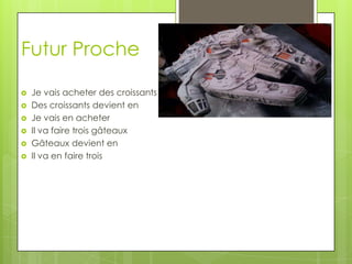Futur Proche

   Je vais acheter des croissants
   Des croissants devient en
   Je vais en acheter
   Il va faire trois gâteaux
   Gâteaux devient en
   Il va en faire trois
 
