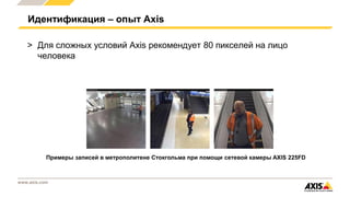 www.axis.com
Идентификация – опыт Axis
Примеры записей в метрополитене Стокгольма при помощи сетевой камеры AXIS 225FD
> Для сложных условий Axis рекомендует 80 пикселей на лицо
человека
 
