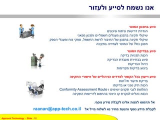 Approval Technology - ݺߣ : 12
‫לסייע‬ ‫נשמח‬ ‫אנו‬‫ולעזור‬
‫המוצר‬ ‫בתכנון‬ ‫סיוע‬
‫סיכונים‬ ‫וניתוח‬ ‫דרישות‬ ‫הגדרת‬
‫מכאני‬ ‫ותכנון‬ ‫חשמליים‬ ‫מעגלים‬ ‫בתכנון‬ ‫תקינה‬ ‫שיקולי‬
‫החשמל‬ ‫לרשת‬ ‫החיבור‬ ‫של‬ ‫בתכנון‬ ‫תקינה‬ ‫שיקולי‬,‫ומעגלי‬ ‫כוח‬ ‫ספקי‬‫הספק‬
‫לעמידה‬ ‫המוצר‬ ‫של‬ ‫כולל‬ ‫תכנון‬‫בתקינה‬
‫המוצר‬ ‫בבדיקת‬ ‫סיוע‬
‫בדיקה‬ ‫תכניות‬ ‫הכנת‬
‫הבדיקה‬ ‫מעבדת‬ ‫בבחירת‬ ‫סיוע‬
‫הבדיקות‬ ‫ניהול‬
‫מקדימות‬ ‫בדיקות‬ ‫ביצוע‬
‫התקינה‬ ‫אישורי‬ ‫של‬ ‫הניהוליים‬ ‫לצדדים‬ ‫הקשור‬ ‫בכל‬ ‫וייעוץ‬ ‫סיוע‬
‫בדיקת‬‫ודו‬ ‫תיעוד‬"‫חות‬
‫תיק‬ ‫הכנת‬‫בדיקתו‬ ‫או‬ ‫טכני‬
‫ו‬ ‫ישימים‬ ‫תקנים‬ ‫לגבי‬ ‫המלצות‬Conformity Assessment Route
‫התקינה‬ ‫לדרישות‬ ‫בהתאם‬ ‫היצור‬ ‫קו‬ ‫לבקרת‬ ‫נהלים‬ ‫הכנת‬
‫אל‬‫נוסף‬ ‫מידע‬ ‫לקבלת‬ ‫אלינו‬ ‫לפנות‬ ‫תהססו‬.
‫אל‬ ‫מייל‬ ‫לשלוח‬ ‫נא‬ ‫מחיר‬ ‫והצעת‬ ‫נוסף‬ ‫מידע‬ ‫לקבלת‬raanan@app-tech.co.il
 