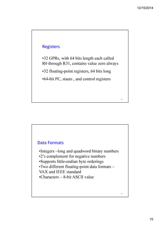 12/15/2014
15
Registers
•32 GPRs, with 64 bits length each called
R0 through R31, contains value zero always
•32 floating-point registers, 64 bits long
•64-bit PC, stauts , and control registers
29
Data Formats
•Integers –long and quadword binary numbers
•2’s complement for negative numbers
•Supports little-endian byte orderings
•Two different floating-point data formats –
VAX and IEEE standard
•Characters – 8-bit ASCII value
30
 