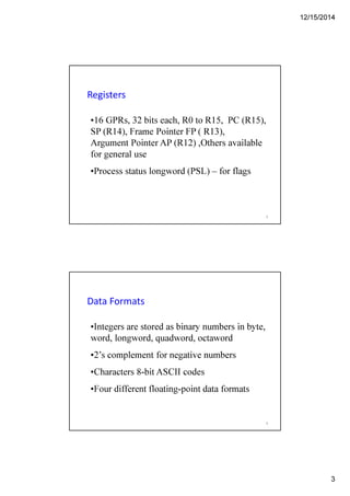 12/15/2014
3
Registers
•16 GPRs, 32 bits each, R0 to R15, PC (R15),
SP (R14), Frame Pointer FP ( R13),
Argument Pointer AP (R12) ,Others available
for general use
•Process status longword (PSL) – for flags
5
Data Formats
•Integers are stored as binary numbers in byte,
word, longword, quadword, octaword
•2’s complement for negative numbers
•Characters 8-bit ASCII codes
•Four different floating-point data formats
6
 