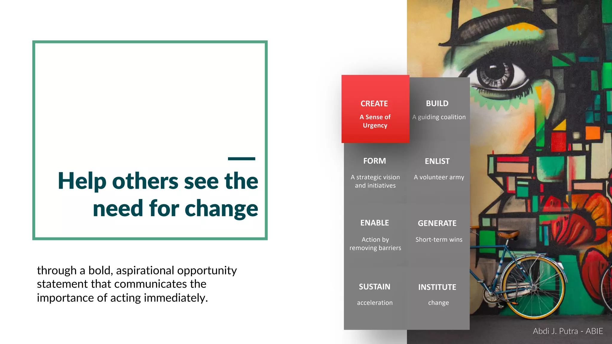 A guiding coalition
A strategic vision
and initiatives
A volunteer army
Action by
removing barriers
Short-term wins
A Sense of
Urgency
acceleration change
CREATE BUILD
FORM ENLIST
ENABLE GENERATE
SUSTAIN INSTITUTE
Help others see the
need for change
through a bold, aspirational opportunity
statement that communicates the
importance of acting immediately.
Abdi J. Putra - ABIE
 