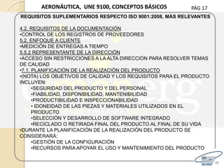 PÁG 17
17
AERONÁUTICA, UNE 9100, CONCEPTOS BÁSICOS
REQUISITOS SUPLEMENTARIOS RESPECTO ISO 9001:2008, MÁS RELEVANTES
4.2. REQUISITOS DE LA DOCUMENTACIÓN
•CONTROL DE LOS REGISTROS DE PROVEEDORES
5.2. ENFOQUE A CLIENTE
•MEDICIÓN DE ENTREGAS A TIEMPO
5.5.2 REPRESENTANTE DE LA DIRECCIÓN
•ACCESO SIN RESTRICCIONES A LA ALTA DIRECCIÓN PARA RESOLVER TEMAS
DE CALIDAD
•7.1. PLANIFICACIÓN DE LA REALIZACIÓN DEL PRODUCTO
•(NOTA) LOS OBJETIVOS DE CALIDAD Y LOS REQUISITOS PARA EL PRODUCTO
INCLUYEN:
•SEGURIDAD DEL PRODUCTO Y DEL PERSONAL
•FIABILIDAD, DISPONIBILIDAD, MANTENIBILIDAD
•PRODUCTIBILIDAD E INSPECCIONABILIDAD
• IDONEIDAD DE LAS PIEZAS Y MATERIALES UTILIZADOS EN EL
PRODUCTO
•SELECCIÓN Y DESARROLLO DE SOFTWARE INTEGRADO
•RECICLADO O RETIRADA FINAL DEL PRODUCTO AL FINAL DE SU VIDA
•DURANTE LA PLANIFICACIÓN DE LA REALIZACIÓN DEL PRODUCTO SE
CONSIDERARÁ:
•GESTIÓN DE LA CONFIGURACIÓN
•RECURSOS PARA APOYAR EL USO Y MANTENIMIENTO DEL PRODUCTO
 