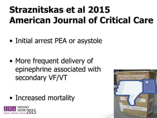 Straznitskas et al 2015
American Journal of Critical Care
• Initial arrest PEA or asystole
• More frequent delivery of
epinephrine associated with
secondary VF/VT
• Increased mortality
 
