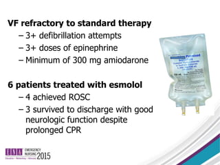 VF refractory to standard therapy
– 3+ defibrillation attempts
– 3+ doses of epinephrine
– Minimum of 300 mg amiodarone
6 patients treated with esmolol
– 4 achieved ROSC
– 3 survived to discharge with good
neurologic function despite
prolonged CPR
 