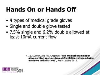 Hands On or Hands Off
• 4 types of medical grade gloves
• Single and double glove tested
• 7.5% single and 6.2% double allowed at
least 10mA current flow
» J.L. Sullivan, and F.W. Chapman, "Will medical examination
gloves protect rescuers from defibrillation voltages during
hands-on defibrillation?", Resuscitation, 2012.
 