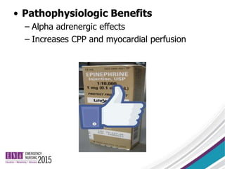 • Pathophysiologic Benefits
– Alpha adrenergic effects
– Increases CPP and myocardial perfusion
 