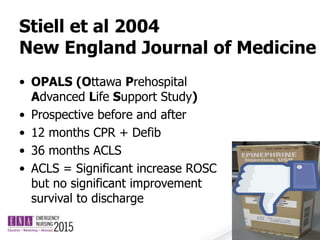 Stiell et al 2004
New England Journal of Medicine
• OPALS (Ottawa Prehospital
Advanced Life Support Study)
• Prospective before and after
• 12 months CPR + Defib
• 36 months ACLS
• ACLS = Significant increase ROSC
but no significant improvement
survival to discharge
 