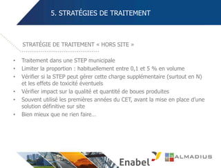 5. STRATÉGIES DE TRAITEMENT
• Traitement dans une STEP municipale
• Limiter la proportion : habituellement entre 0,1 et 5 % en volume
• Vérifier si la STEP peut gérer cette charge supplémentaire (surtout en N)
et les effets de toxicité éventuels
• Vérifier impact sur la qualité et quantité de boues produites
• Souvent utilisé les premières années du CET, avant la mise en place d’une
solution définitive sur site
• Bien mieux que ne rien faire…
STRATÉGIE DE TRAITEMENT « HORS SITE »
 