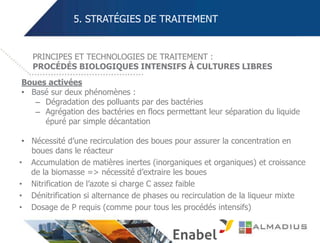 5. STRATÉGIES DE TRAITEMENT
Boues activées
• Basé sur deux phénomènes :
– Dégradation des polluants par des bactéries
– Agrégation des bactéries en flocs permettant leur séparation du liquide
épuré par simple décantation
• Nécessité d’une recirculation des boues pour assurer la concentration en
boues dans le réacteur
• Accumulation de matières inertes (inorganiques et organiques) et croissance
de la biomasse => nécessité d’extraire les boues
• Nitrification de l’azote si charge C assez faible
• Dénitrification si alternance de phases ou recirculation de la liqueur mixte
• Dosage de P requis (comme pour tous les procédés intensifs)
PRINCIPES ET TECHNOLOGIES DE TRAITEMENT :
PROCÉDÉS BIOLOGIQUES INTENSIFS À CULTURES LIBRES
 