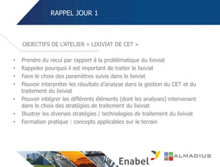 RAPPEL JOUR 1
• Prendre du recul par rapport à la problématique du lixiviat
• Rappeler pourquoi il est important de traiter le lixiviat
• Faire le choix des paramètres suivis dans le lixiviat
• Pouvoir interpréter les résultats d’analyse dans la gestion du CET et du
traitement du lixiviat
• Pouvoir intégrer les différents éléments (dont les analyses) intervenant
dans le choix des stratégies de traitement du lixiviat
• Illustrer les diverses stratégies / technologies de traitement du lixiviat
• Formation pratique : concepts applicables sur le terrain
OBJECTIFS DE L’ATELIER « LIXIVIAT DE CET »
 