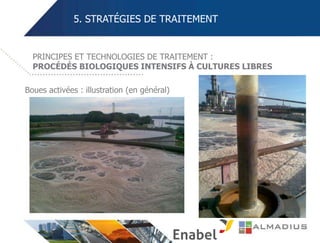 5. STRATÉGIES DE TRAITEMENT
PRINCIPES ET TECHNOLOGIES DE TRAITEMENT :
PROCÉDÉS BIOLOGIQUES INTENSIFS À CULTURES LIBRES
Boues activées : illustration (en général)
 