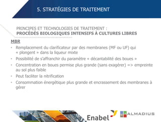 5. STRATÉGIES DE TRAITEMENT
MBR
• Remplacement du clarificateur par des membranes (MF ou UF) qui
« plongent » dans la liqueur mixte
• Possibilité de s’affranchir du paramètre « décantabilité des boues »
• Concentration en boues permise plus grande (sans exagérer) => empreinte
au sol plus faible
• Peut faciliter la nitrification
• Consommation énergétique plus grande et encrassement des membranes à
gérer
PRINCIPES ET TECHNOLOGIES DE TRAITEMENT :
PROCÉDÉS BIOLOGIQUES INTENSIFS À CULTURES LIBRES
 