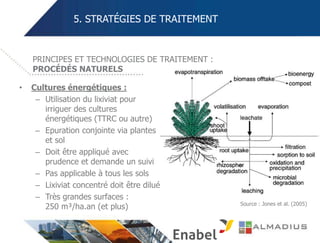5. STRATÉGIES DE TRAITEMENT
• Cultures énergétiques :
– Utilisation du lixiviat pour
irriguer des cultures
énergétiques (TTRC ou autre)
– Epuration conjointe via plantes
et sol
– Doit être appliqué avec
prudence et demande un suivi
– Pas applicable à tous les sols
– Lixiviat concentré doit être dilué
– Très grandes surfaces :
250 m³/ha.an (et plus)
PRINCIPES ET TECHNOLOGIES DE TRAITEMENT :
PROCÉDÉS NATURELS
Source : Jones et al. (2005)
 