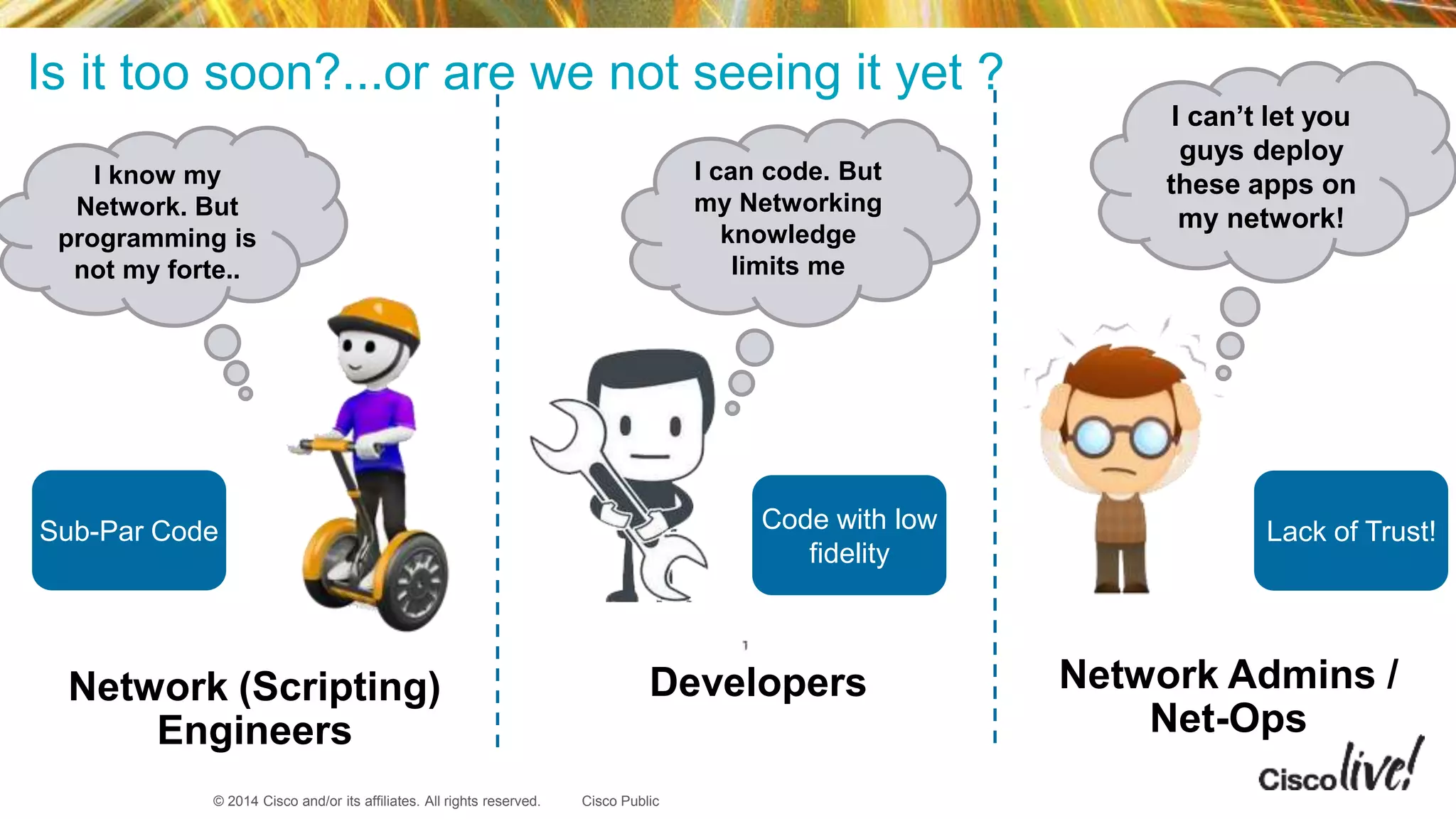© 2014 Cisco and/or its affiliates. All rights reserved. Cisco Public
Is it too soon?...or are we not seeing it yet ?
I know my
Network. But
programming is
not my forte..
I can code. But
my Networking
knowledge
limits me
I can’t let you
guys deploy
these apps on
my network!
Sub-Par Code Code with low
fidelity
Lack of Trust!
Network (Scripting)
Engineers
Developers Network Admins /
Net-Ops
 