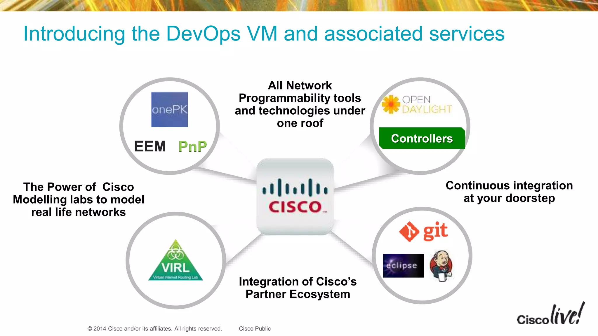 © 2014 Cisco and/or its affiliates. All rights reserved. Cisco Public
Introducing the DevOps VM and associated services
EEM PnP
Controllers
All Network
Programmability tools
and technologies under
one roof
The Power of Cisco
Modelling labs to model
real life networks
Continuous integration
at your doorstep
Integration of Cisco’s
Partner Ecosystem
 
