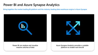 Power BI and Azure Synapse Analytics
Bring together the market-leading BI platform and the industry-leading data warehouse engine in Azure Synapse
Power BI can analyze and visualize
massive volumes of data
Azure Synapse Analytics provides a scalable
platform to enable real-time BI
 