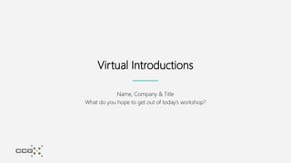 Virtual Introductions
Name, Company & Title
What do you hope to get out of today’s workshop?
 