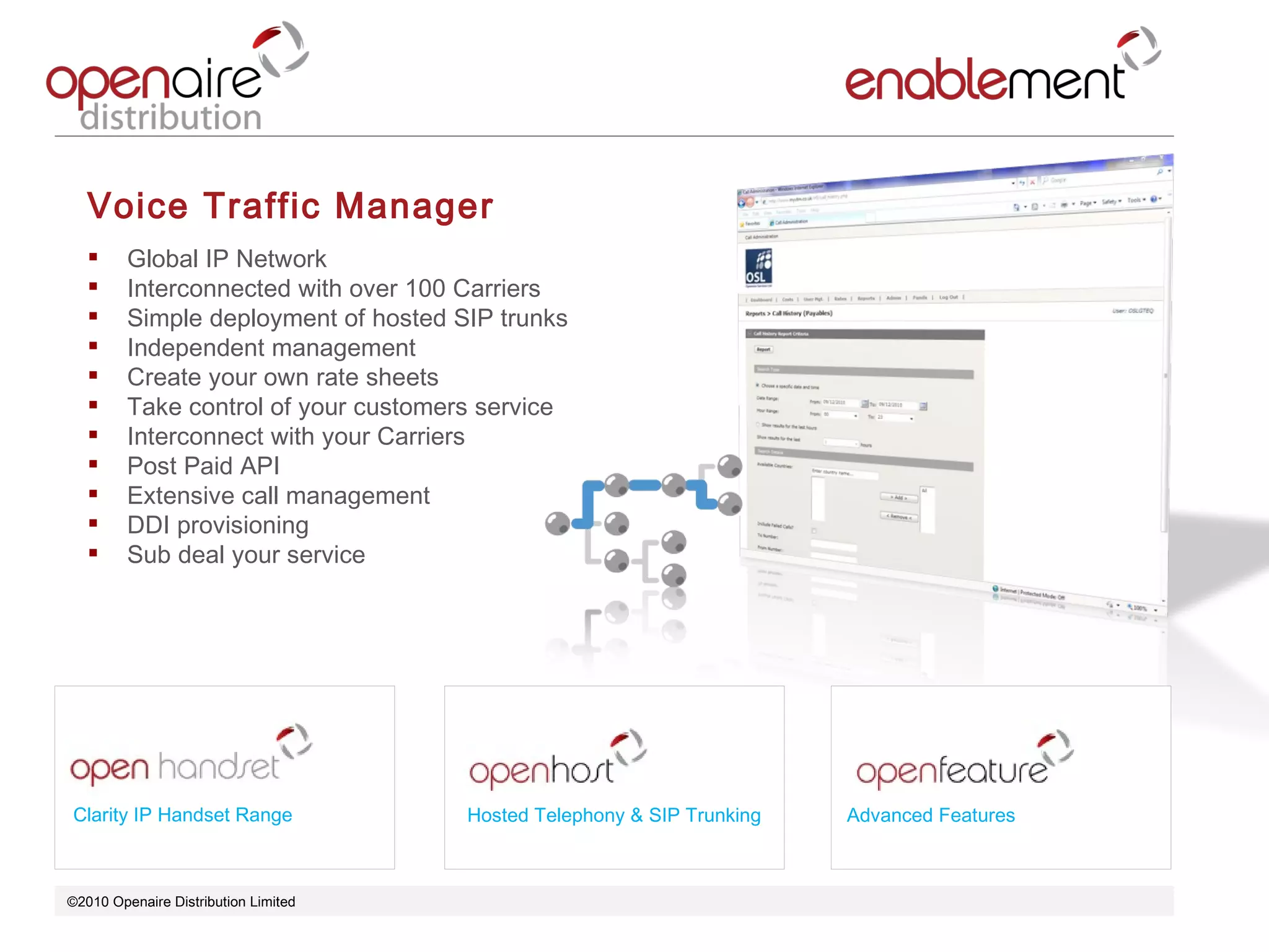 ©2010 Openaire Distribution Limited  Voice Traffic Manager  Global IP Network Interconnected with over 100 Carriers  Simple deployment of hosted SIP trunks Independent management  Create your own rate sheets  Take control of your customers service  Interconnect with your Carriers  Post Paid API Extensive call management  DDI provisioning  Sub deal your service  Clarity IP Handset Range Advanced Features Hosted Telephony & SIP Trunking 