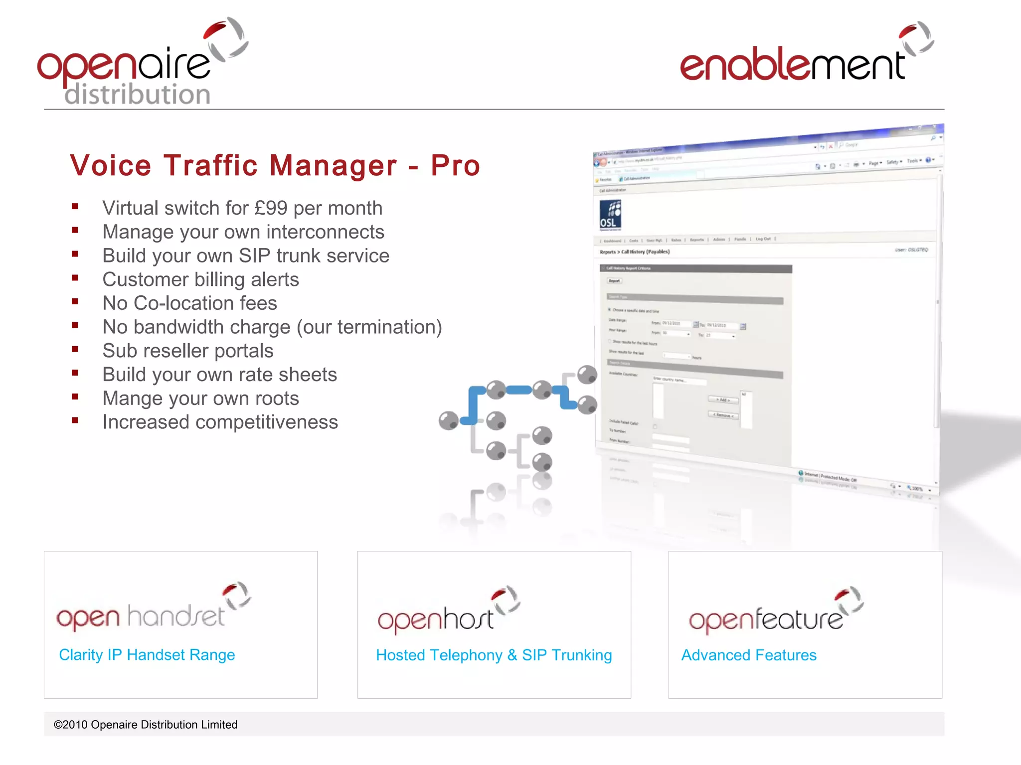 ©2010 Openaire Distribution Limited  Voice Traffic Manager - Pro Virtual switch for £99 per month  Manage your own interconnects  Build your own SIP trunk service  Customer billing alerts  No Co-location fees  No bandwidth charge (our termination) Sub reseller portals  Build your own rate sheets  Mange your own roots  Increased competitiveness  Clarity IP Handset Range Advanced Features Hosted Telephony & SIP Trunking 