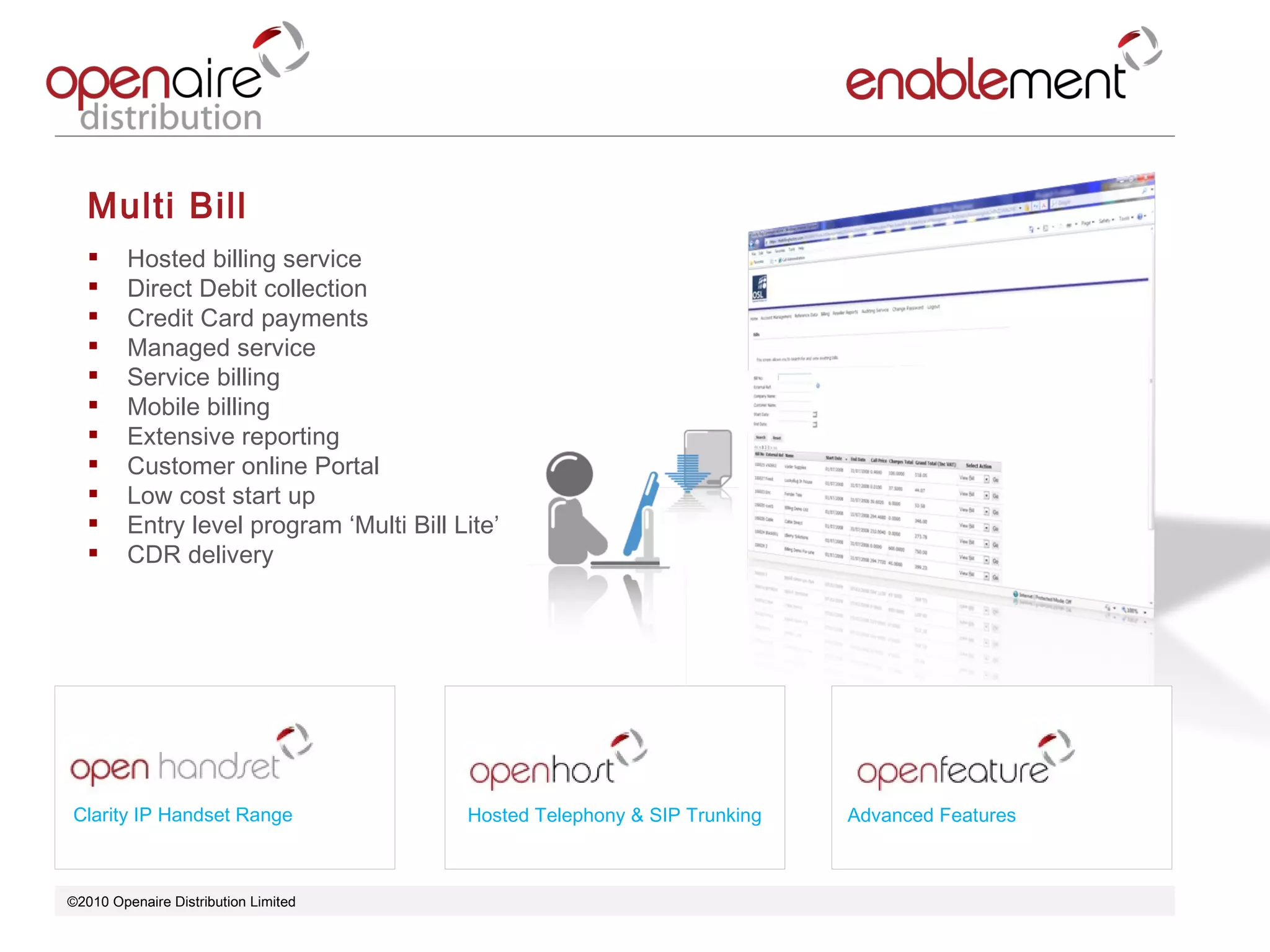 ©2010 Openaire Distribution Limited  Multi Bill  Hosted billing service  Direct Debit collection Credit Card payments  Managed service  Service billing  Mobile billing  Extensive reporting  Customer online Portal  Low cost start up Entry level program ‘Multi Bill Lite’ CDR delivery  Clarity IP Handset Range Advanced Features Hosted Telephony & SIP Trunking 
