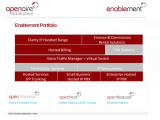 ©2010 Openaire Distribution Limited  Clarity IP Handset Range Hosted Telephony & SIP Trunking Advanced Features Hosted Services  SIP Trunking  Small Business  Hosted IP PBX Enterprise Hosted  IP PBX Voice Traffic Manager – Virtual Switch  Hosted Billing  CDR Delivery Clarity IP Handset Range  Finance & Commission Rental Solutions  Termination Services IP Interconnect  Enablement Portfolio  