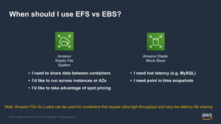 © 2021, Amazon Web Services, Inc. or its Affiliates. All rights reserved.
When should I use EFS vs EBS?
• I need to share data between containers
• I’d like to run across instances or AZs
• I’d like to take advantage of spot pricing
• I need low latency (e.g. MySQL)
• I need point in time snapshots
Amazon Elastic
Block Store
Amazon
Elastic File
System
Note: Amazon FSx for Lustre can be used for containers that require ultra-high throughput and very low latency file sharing
 