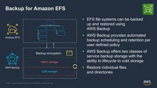 © 2021, Amazon Web Services, Inc. or its Affiliates. All rights reserved.
Backup for Amazon EFS
• EFS file systems can be backed
up and restored using
AWS Backup
• AWS Backup provides automated
backup scheduling and retention per
user defined policy
• AWS Backup offers two classes of
service backup storage with the
ability to lifecycle to cold storage
• Restore individual files
and directories
Cold storage
AWS Backup
Warm storage
Amazon EFS
Backup encryption
 