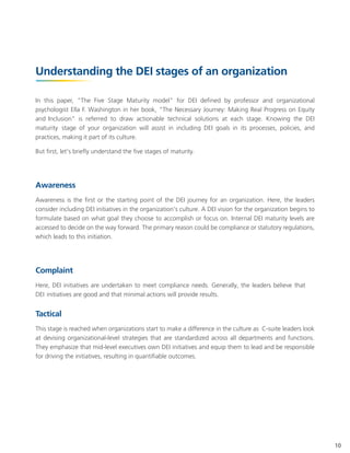 Understanding the DEI stages of an organization
In this paper, "The Five Stage Maturity model" for DEI defined by professor and organizational
psychologist Ella F. Washington in her book, "The Necessary Journey: Making Real Progress on Equity
and Inclusion" is referred to draw actionable technical solutions at each stage. Knowing the DEI
maturity stage of your organization will assist in including DEI goals in its processes, policies, and
practices, making it part of its culture.
But first, let's briefly understand the five stages of maturity.
Awareness
Awareness is the first or the starting point of the DEI journey for an organization. Here, the leaders
consider including DEI initiatives in the organization's culture. A DEI vision for the organization begins to
formulate based on what goal they choose to accomplish or focus on. Internal DEI maturity levels are
accessed to decide on the way forward. The primary reason could be compliance or statutory regulations,
which leads to this initiation.
Complaint
Here, DEI initiatives are undertaken to meet compliance needs. Generally, the leaders believe that
DEI initiatives are good and that minimal actions will provide results.
Tactical
This stage is reached when organizations start to make a difference in the culture as C-suite leaders look
at devising organizational-level strategies that are standardized across all departments and functions.
They emphasize that mid-level executives own DEI initiatives and equip them to lead and be responsible
for driving the initiatives, resulting in quantifiable outcomes.
10
 