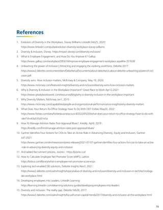 References
1. Evolution of Diversity in the Workplace, Stacey Williams LinkedIn Feb25, 2020:
https://www.linkedin.com/pulse/evolution-diversity-workplace-stacey-williams
2. Diversity & Inclusion, Disney: https://impact.disney.com/diversity-inclusion/
3. What Is Employee Engagement, and How Do You Improve It? Gallup:
https://www.gallup.com/workplace/285674/improve-employee-engagement-workplace.aspx#ite-357638
4. Unleashing the power of Inclusion | Attracting and engaging the evolving workforce, Deloitte 2017:
https://www2.deloitte.com/content/dam/Deloitte/us/Documents/about-deloitte/us-about-deloitte-unleashing-power-of-incl
usion.pdf
5. Diversity wins: How inclusion matters, McKinsey & Company, May 19, 2020:
https://www.mckinsey.com/featured-insights/diversity-and-inclusion/diversity-wins-how-inclusion-matters
6. Why Is Diversity & Inclusion in the Workplace Important? Great Place to Work Apr12,2021:
https://www.greatplacetowork.com/resources/blog/why-is-diversity-inclusion-in-the-workplace-important
7. Why Diversity Matters, McKinsey Jan1, 2015 :
https://www.mckinsey.com/capabilities/people-and-organizational-performance/our-insights/why-diversity-matters
8. What Does Your Return-To-Office Strategy Have To Do With DEI? Forbes May20, 2022 :
https://www.forbes.com/sites/forbesbusinesscouncil/2022/05/20/what-does-your-return-to-office-strategy-have-to-do-with
-dei/?sh=63a535d31e5a
9. How To Manage Attrition Rates Post-Appraisal Blues?, Kredily, Apr9, 2019 :
https://kredily.com/hrm/manage-attrition-rates-post-appraisal-blues/
10. Gartner Identifies Four Actions for CIOs to Take an Active Role in Advancing Diversity, Equity and Inclusion, Gartner
Jul7,2021:
https://www.gartner.com/en/newsroom/press-releases/2021-07-07-gartner-identifies-four-actions-for-cios-to-take-an-active
-role-in-advancing-diversity-equity-and-inclusion
11. AI-Enabled Recruitment process, Joonko : https://joonko.co/
12. How to Calculate Employee Net Promoter Score (eNPS), Lattice:
https://lattice.com/library/what-is-employee-net-promoter-score-enps
13. Exploring tech-enabled DEI solutions, Deloitte Insights Nov3, 2021 :
https://www2.deloitte.com/us/en/insights/topics/value-of-diversity-and-inclusion/diversity-and-inclusion-in-tech/technology-
dei-workplace.html
14. Developing employees into Leaders, LinkedIn Learning:
https://learning.linkedin.com/elearning-solutions-guides/developing-employees-into-leaders
15. Diversity and inclusion: The reality gap, Deloitte Feb28, 2017:
https://www2.deloitte.com/us/en/insights/focus/human-capital-trends/2017/diversity-and-inclusion-at-the-workplace.html
16
 