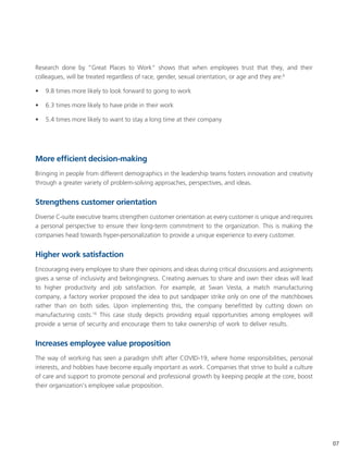Research done by "Great Places to Work" shows that when employees trust that they, and their
colleagues, will be treated regardless of race, gender, sexual orientation, or age and they are:6
• 9.8 times more likely to look forward to going to work
• 6.3 times more likely to have pride in their work
• 5.4 times more likely to want to stay a long time at their company
More efficient decision-making
Bringing in people from different demographics in the leadership teams fosters innovation and creativity
through a greater variety of problem-solving approaches, perspectives, and ideas.
Strengthens customer orientation
Diverse C-suite executive teams strengthen customer orientation as every customer is unique and requires
a personal perspective to ensure their long-term commitment to the organization. This is making the
companies head towards hyper-personalization to provide a unique experience to every customer.
Higher work satisfaction
Encouraging every employee to share their opinions and ideas during critical discussions and assignments
gives a sense of inclusivity and belongingness. Creating avenues to share and own their ideas will lead
to higher productivity and job satisfaction. For example, at Swan Vesta, a match manufacturing
company, a factory worker proposed the idea to put sandpaper strike only on one of the matchboxes
rather than on both sides. Upon implementing this, the company benefitted by cutting down on
manufacturing costs.16
This case study depicts providing equal opportunities among employees will
provide a sense of security and encourage them to take ownership of work to deliver results.
Increases employee value proposition
The way of working has seen a paradigm shift after COVID-19, where home responsibilities, personal
interests, and hobbies have become equally important as work. Companies that strive to build a culture
of care and support to promote personal and professional growth by keeping people at the core, boost
their organization's employee value proposition.
07
 