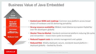 Copyright	
  ©	
  2015	
  Oracle	
  and/or	
  its	
  aﬃliates.	
  All	
  rights	
  reserved.	
  	
  	
  
•  Control	
  over	
  BOM	
  and	
  roadmap:	
  Common	
  Java	
  pla_orm	
  across	
  broad	
  
choice	
  of	
  hardware	
  and	
  OS	
  delivering	
  portability	
  
•  Strong	
  resource	
  availability:	
  Widest,	
  most	
  diverse	
  eco-­‐system	
  fueled	
  by	
  
over	
  9m	
  developers	
  globally	
  	
  
•  Shorter	
  Time-­‐to-­‐Market:	
  Standard	
  commercial	
  pla_orm	
  reducing	
  QA	
  cycles	
  
and	
  reinvenIon	
  –	
  invest	
  more	
  cycles	
  to	
  innovate	
  
•  Reduced	
  Support	
  costs	
  via	
  remote	
  management	
  and	
  update	
  
•  Reduced	
  Risk:	
  Widely	
  deployed,	
  secure,	
  standards	
  based	
  pla_orm	
  –	
  
deployed	
  globally	
  –	
  backed	
  by	
  Oracle.	
  
Grow	
  
Revenue	
  
Reduce	
  Cost	
  
New	
  IoT	
  
Services	
  
Grow	
  
Revenue	
  
New	
  IoT	
  
Services	
  
Increase	
  
Eﬃciency	
  Reduce	
  Cost	
  
Increase	
  
Eﬃciency	
  
Business Value of Java Embedded
 
