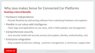 Copyright	
  ©	
  2015	
  Oracle	
  and/or	
  its	
  aﬃliates.	
  All	
  rights	
  reserved.	
  	
  	
  
Why	
  Java	
  makes	
  Sense	
  for	
  Connected	
  Car	
  Pla_orms	
  
•  Hardware	
  independence	
  
– Provide	
  ﬂexibility	
  by	
  abstracIng	
  socware	
  from	
  underlying	
  hardware	
  and	
  suppliers	
  
•  Flexible	
  in-­‐car	
  value-­‐add	
  intelligence	
  
– Tailor	
  logic	
  and	
  applicaIons	
  to	
  use	
  cases,	
  with	
  in-­‐ﬁeld	
  updates	
  and	
  management	
  
•  Comprehensive	
  security	
  
– Java	
  security	
  model	
  and	
  security	
  services	
  (encrypIon,	
  idenIty,	
  authenIcaIon,	
  etc)	
  
•  Enterprise	
  integraIon	
  
– Data	
  analyIcs	
  &	
  decision	
  making,	
  	
  customer	
  management,	
  e-­‐commerce,	
  supply	
  chain	
  
Realizing	
  a	
  Host	
  of	
  Beneﬁts	
  
25	
  
 
