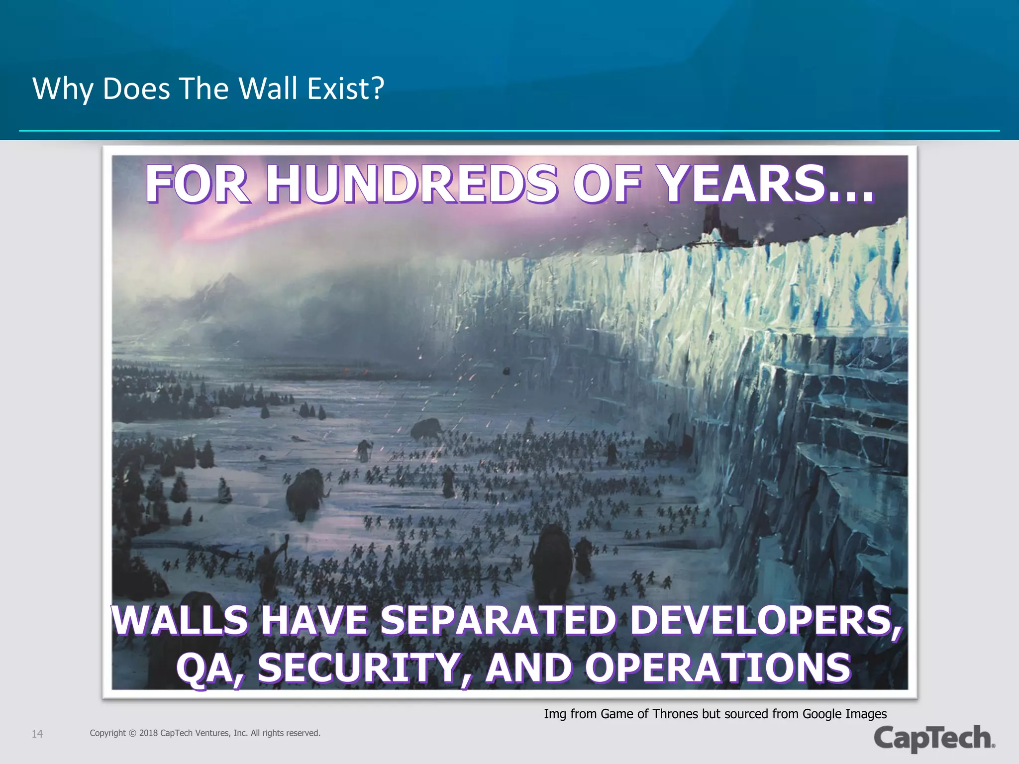 Copyright © 2018 CapTech Ventures, Inc. All rights reserved.14
Why Does The Wall Exist?
Img from Game of Thrones but sourced from Google Images
 