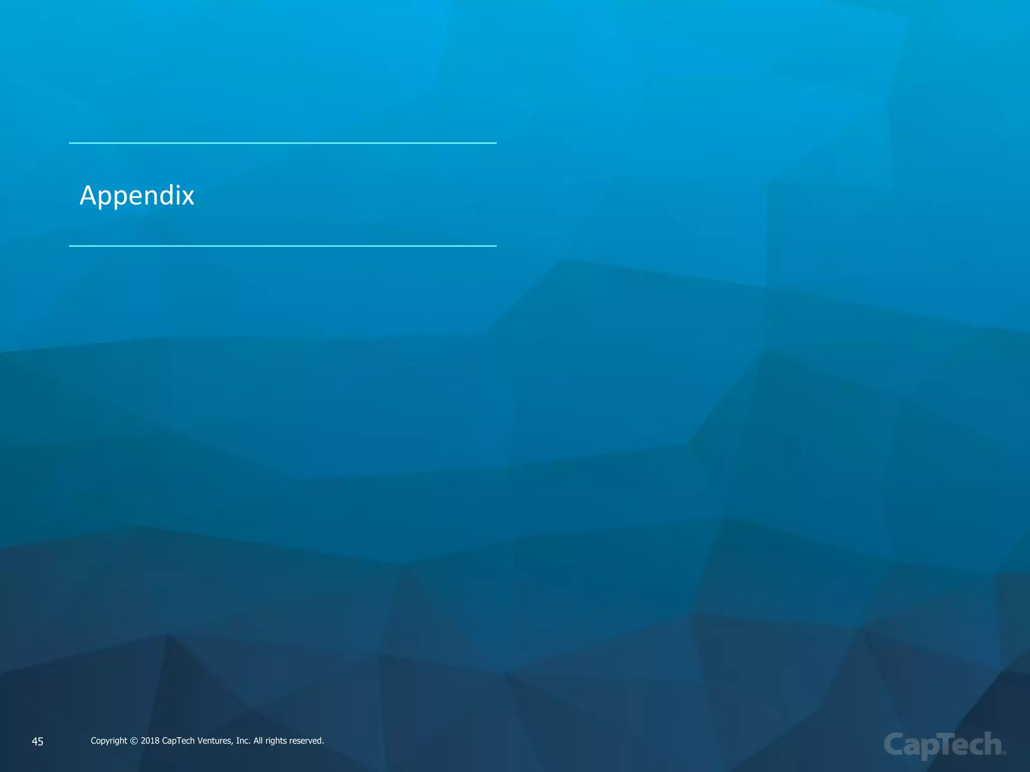 Copyright © 2018 CapTech Ventures, Inc. All rights reserved.Copyright © 2018 CapTech Ventures, Inc. All rights reserved.
Appendix
45
 