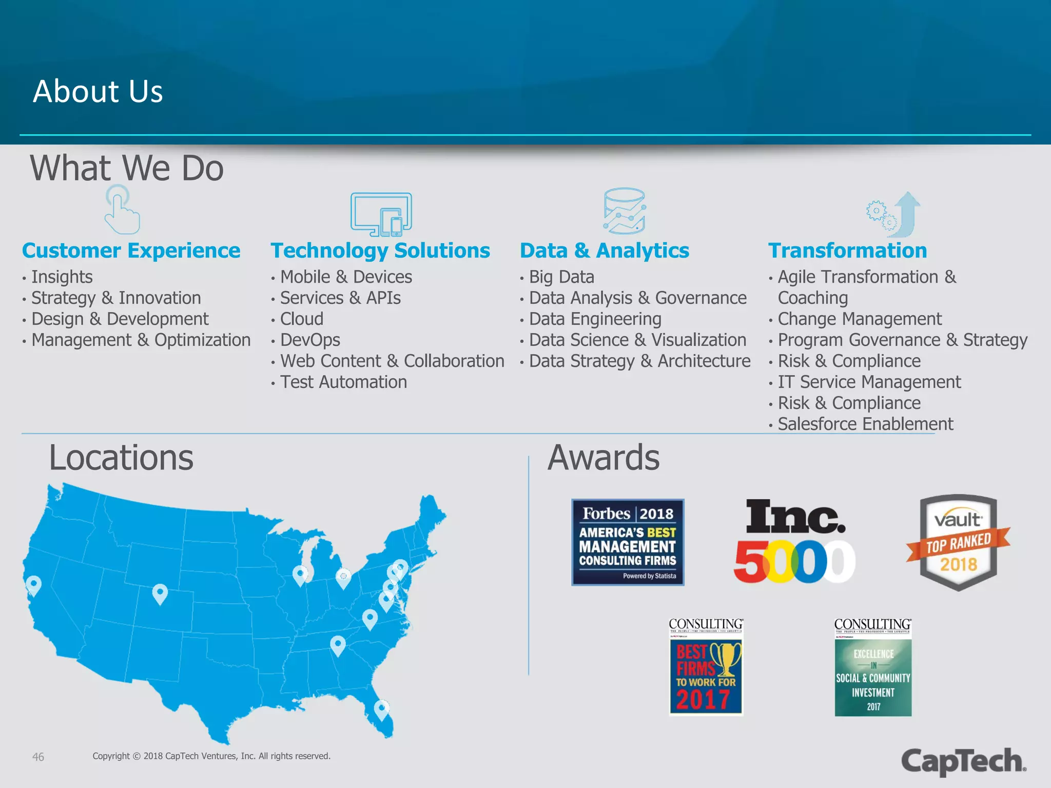Copyright © 2018 CapTech Ventures, Inc. All rights reserved.46
About Us
AwardsLocations
What We Do
Customer Experience
• Insights
• Strategy & Innovation
• Design & Development
• Management & Optimization
Technology Solutions
• Mobile & Devices
• Services & APIs
• Cloud
• DevOps
• Web Content & Collaboration
• Test Automation
Transformation
• Agile Transformation &
Coaching
• Change Management
• Program Governance & Strategy
• Risk & Compliance
• IT Service Management
• Risk & Compliance
• Salesforce Enablement
Data & Analytics
• Big Data
• Data Analysis & Governance
• Data Engineering
• Data Science & Visualization
• Data Strategy & Architecture
 