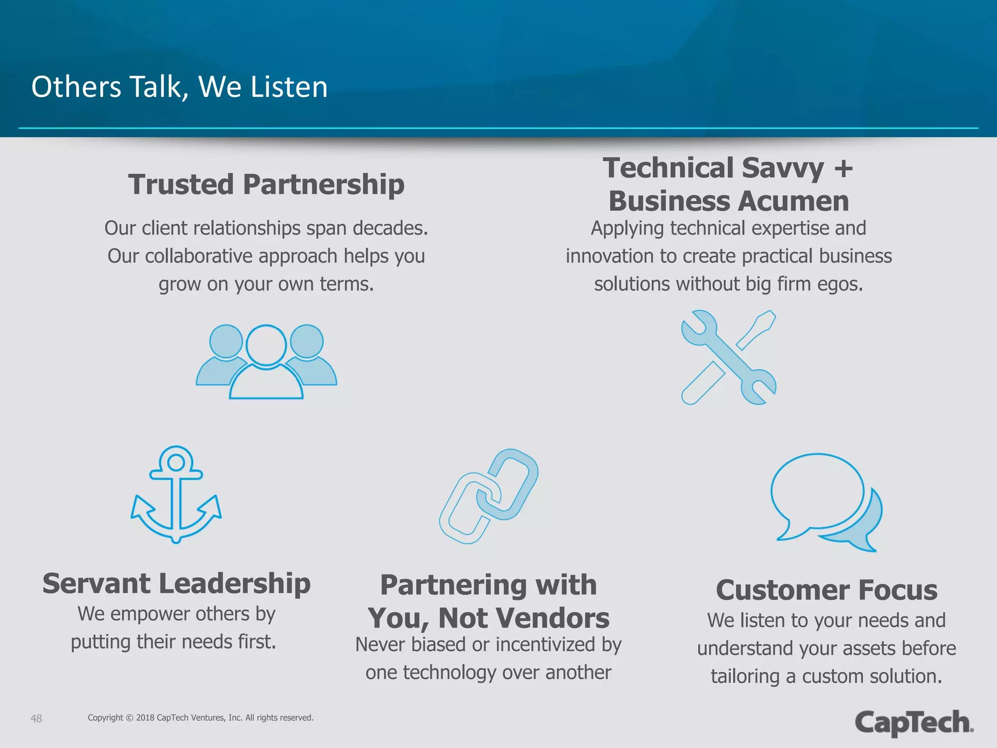 Copyright © 2018 CapTech Ventures, Inc. All rights reserved.48
Others Talk, We Listen
Applying technical expertise and
innovation to create practical business
solutions without big firm egos.
Technical Savvy +
Business Acumen
We empower others by
putting their needs first.
Servant Leadership
Never biased or incentivized by
one technology over another
Partnering with
You, Not Vendors
Our client relationships span decades.
Our collaborative approach helps you
grow on your own terms.
Trusted Partnership
We listen to your needs and
understand your assets before
tailoring a custom solution.
Customer Focus
 