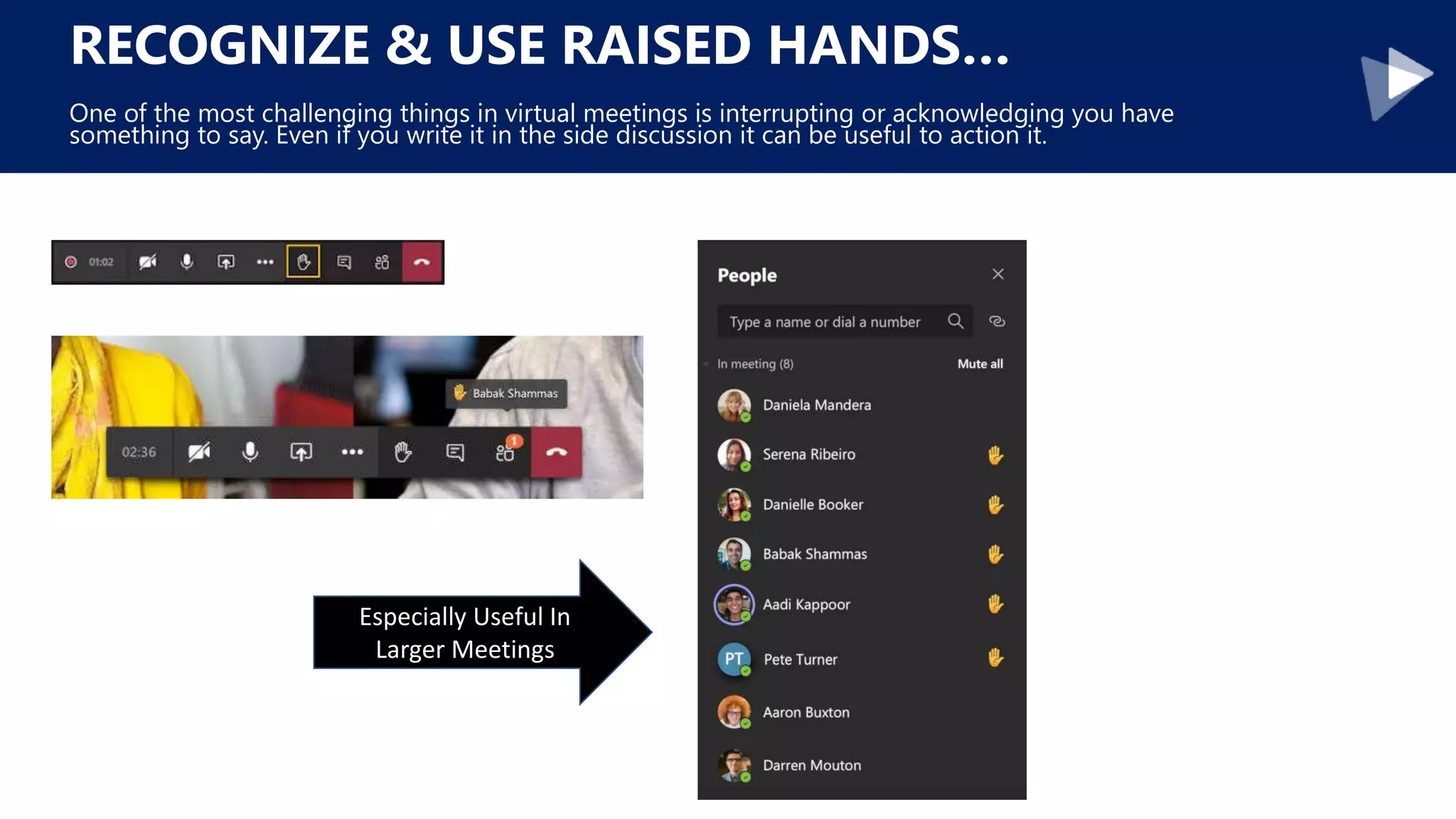 RECOGNIZE & USE RAISED HANDS…
One of the most challenging things in virtual meetings is interrupting or acknowledging you have
something to say. Even if you write it in the side discussion it can be useful to action it.
Especially Useful In
Larger Meetings
 