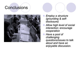 Basic Protocol for the DiscussionChoose a conference group where you think you will feel comfortable sharing. Ask the moderator if you can join the conference. Introduce yourself and mention your section. After that, you can participate in the discussion.MOFTECH students can use English, Filipino or broken English or broken Filipino in the discussion. As much as possible, stick to the subject talked about. Everyone is encouraged to share ideas, opinions, experiences and knowledge. Pls inform the moderator if you are leaving the conference room or signing out already.The moderators are tasked to encourage the interest and sharing of facts and opinions in the discussion without being rude or impolite to others. Moderators can also call the attention of a student if there's any misbehavior (cursing, encouraging other students to destroy the topic, use of excessive large fonts etc.) Self-disclosure is part of grounding