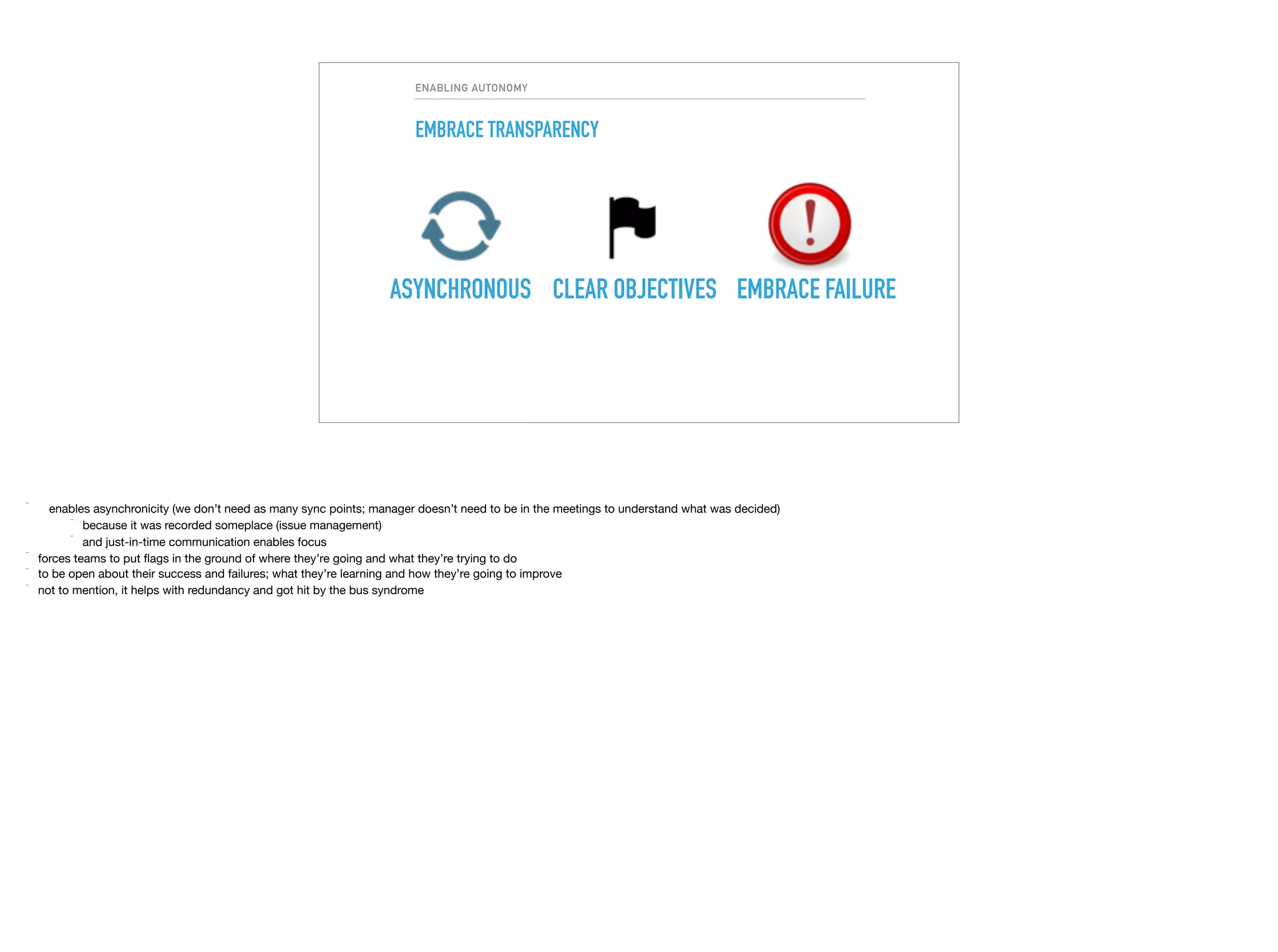 ENABLING AUTONOMY
EMBRACE TRANSPARENCY
ASYNCHRONOUS CLEAR OBJECTIVES EMBRACE FAILURE
 