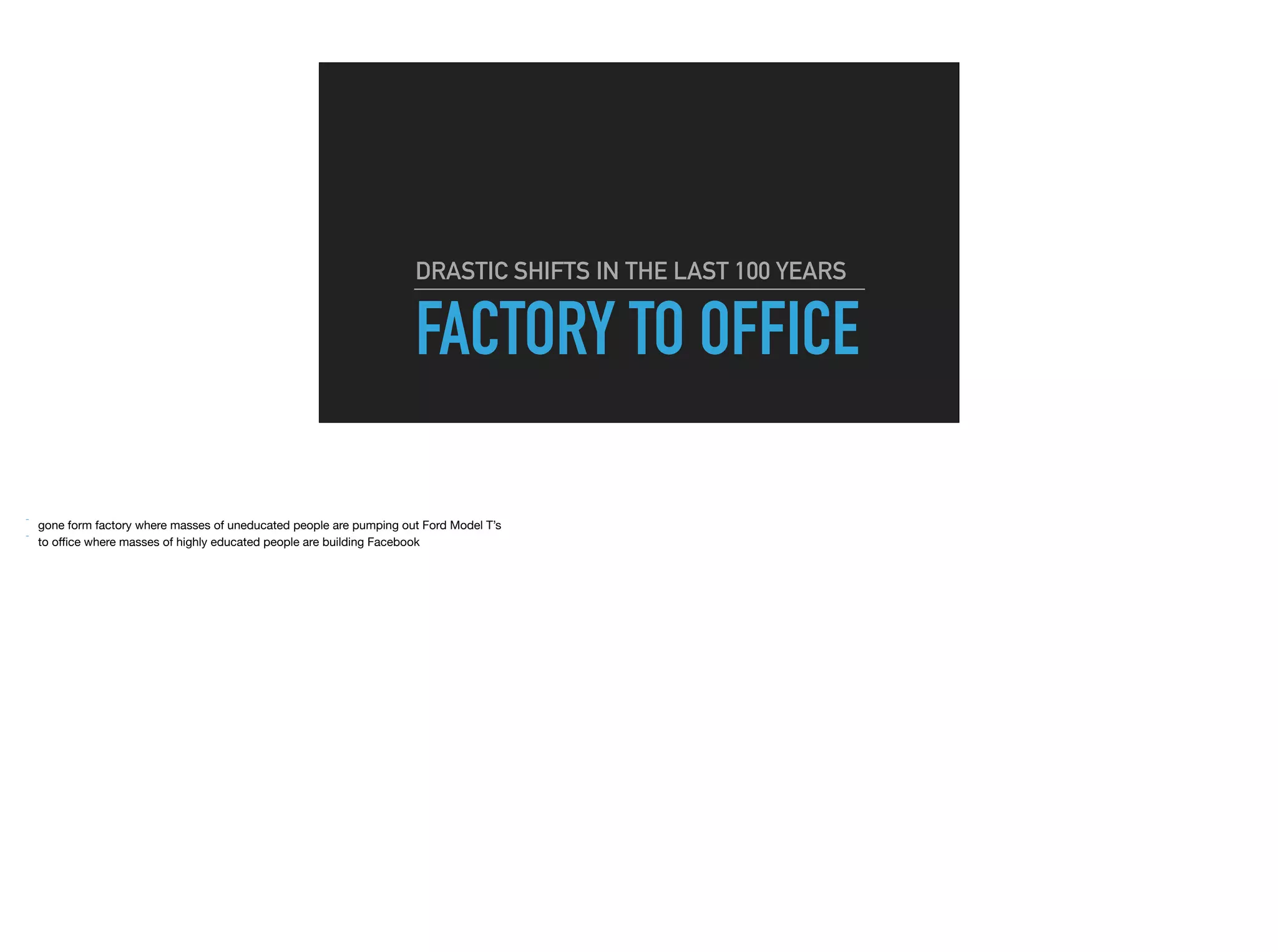 FACTORY TO OFFICE
DRASTIC SHIFTS IN THE LAST 100 YEARS
 
