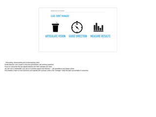 ENABLING AUTONOMY
LEAD, DON’T MANAGE
ARTICULATE VISION GUIDE DIRECTION MEASURE RESULTS
 