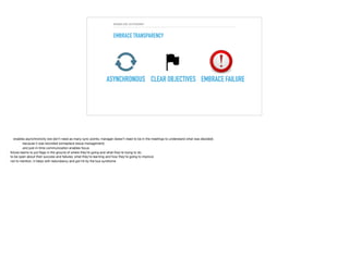 ENABLING AUTONOMY
EMBRACE TRANSPARENCY
ASYNCHRONOUS CLEAR OBJECTIVES EMBRACE FAILURE
 