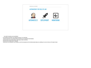 ENABLING AUTONOMY
AUTOMATION IS THE RULE OF LAW
AUTOMATED CI DEPLOYMENT MONITORING
 