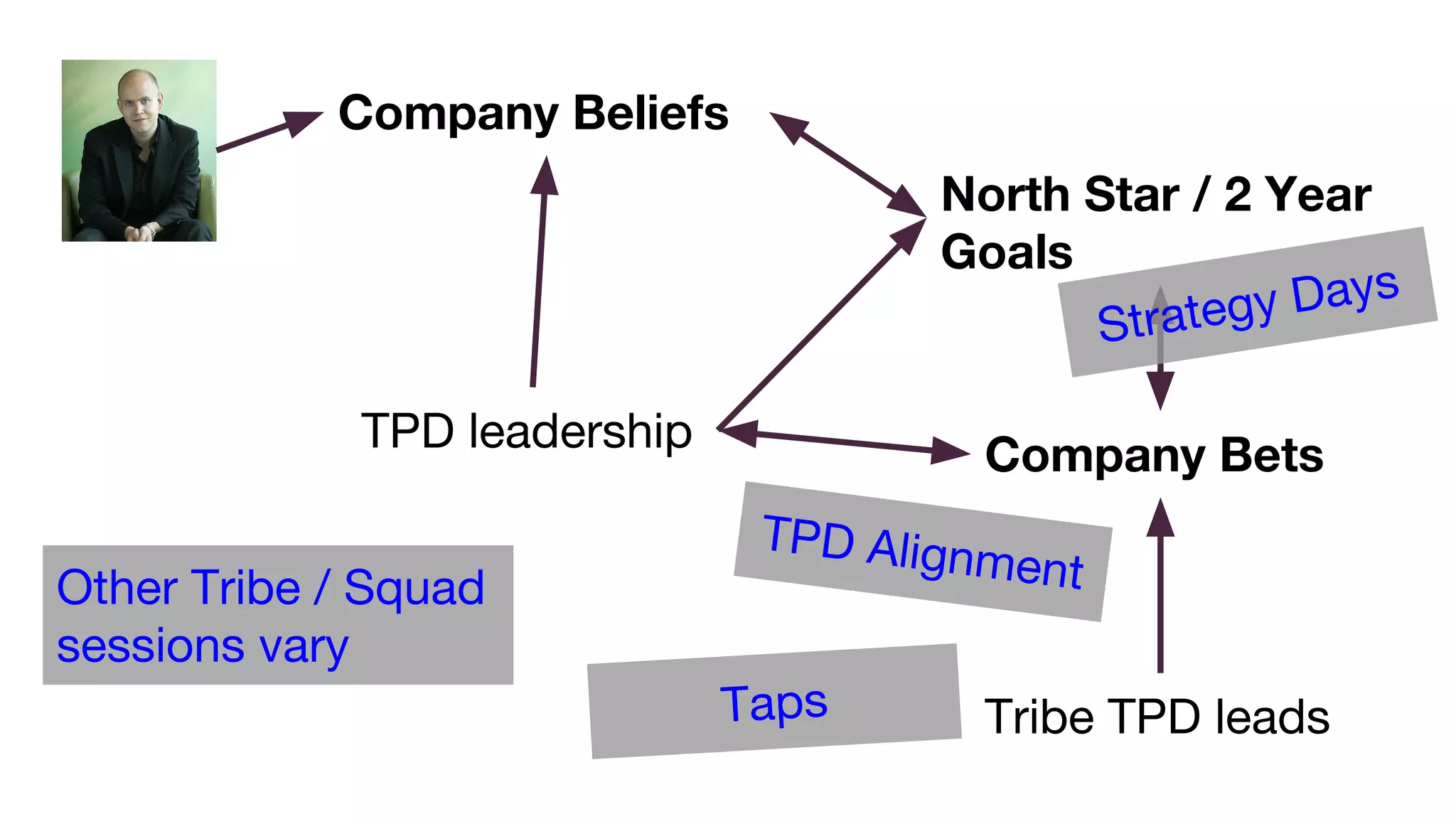 TPD leadership
Tribe TPD leads
Company Beliefs
North Star / 2 Year
Goals
Company Bets
Strategy Days
TPD Alignment
Taps
Other Tribe / Squad
sessions vary
 