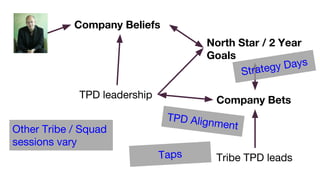 TPD leadership
Tribe TPD leads
Company Beliefs
North Star / 2 Year
Goals
Company Bets
Strategy Days
TPD Alignment
Taps
Other Tribe / Squad
sessions vary
 