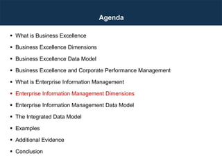 Agenda
 What is Business Excellence
 Business Excellence Dimensions
 Business Excellence Data Model
 Business Excellence and Corporate Performance Management
 What is Enterprise Information Management
 Enterprise Information Management Dimensions
 Enterprise Information Management Data Model
 The Integrated Data Model
 Examples
 Additional Evidence
 Conclusion
 