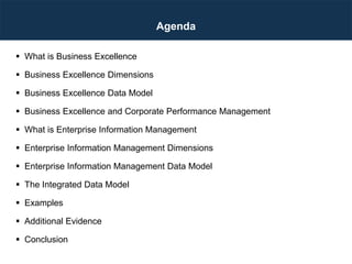 Agenda
 What is Business Excellence
 Business Excellence Dimensions
 Business Excellence Data Model
 Business Excellence and Corporate Performance Management
 What is Enterprise Information Management
 Enterprise Information Management Dimensions
 Enterprise Information Management Data Model
 The Integrated Data Model
 Examples
 Additional Evidence
 Conclusion
 